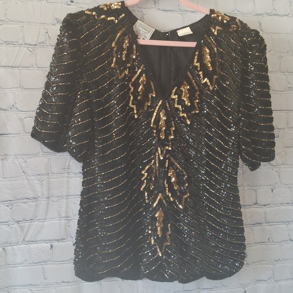 Vintage 💯 silk sequin & beaded top size large